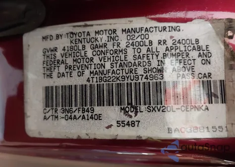 2000 Toyota Camry Le из США, поврежденный, VIN 4T1BG22K9YU974963